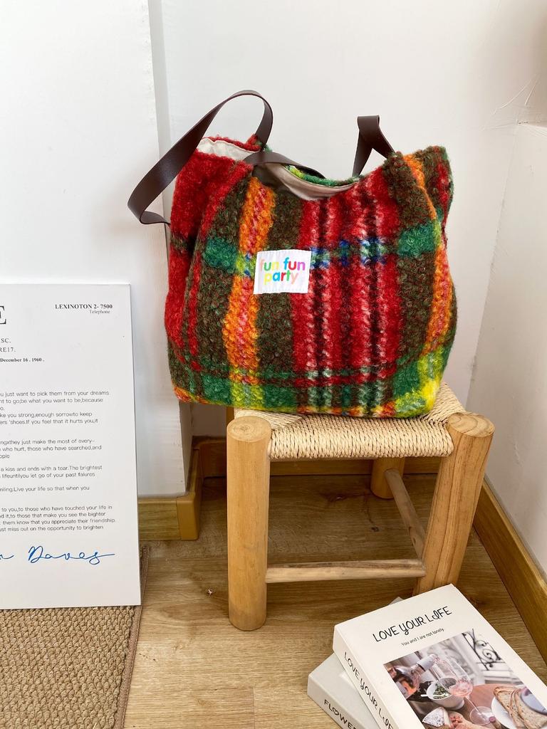 Vintage Plaid Faux Lamb Wool Women's Shoulder Bag Fall Winter Contrast Color Ladies Handbag Large Capacity Female Tote Bag