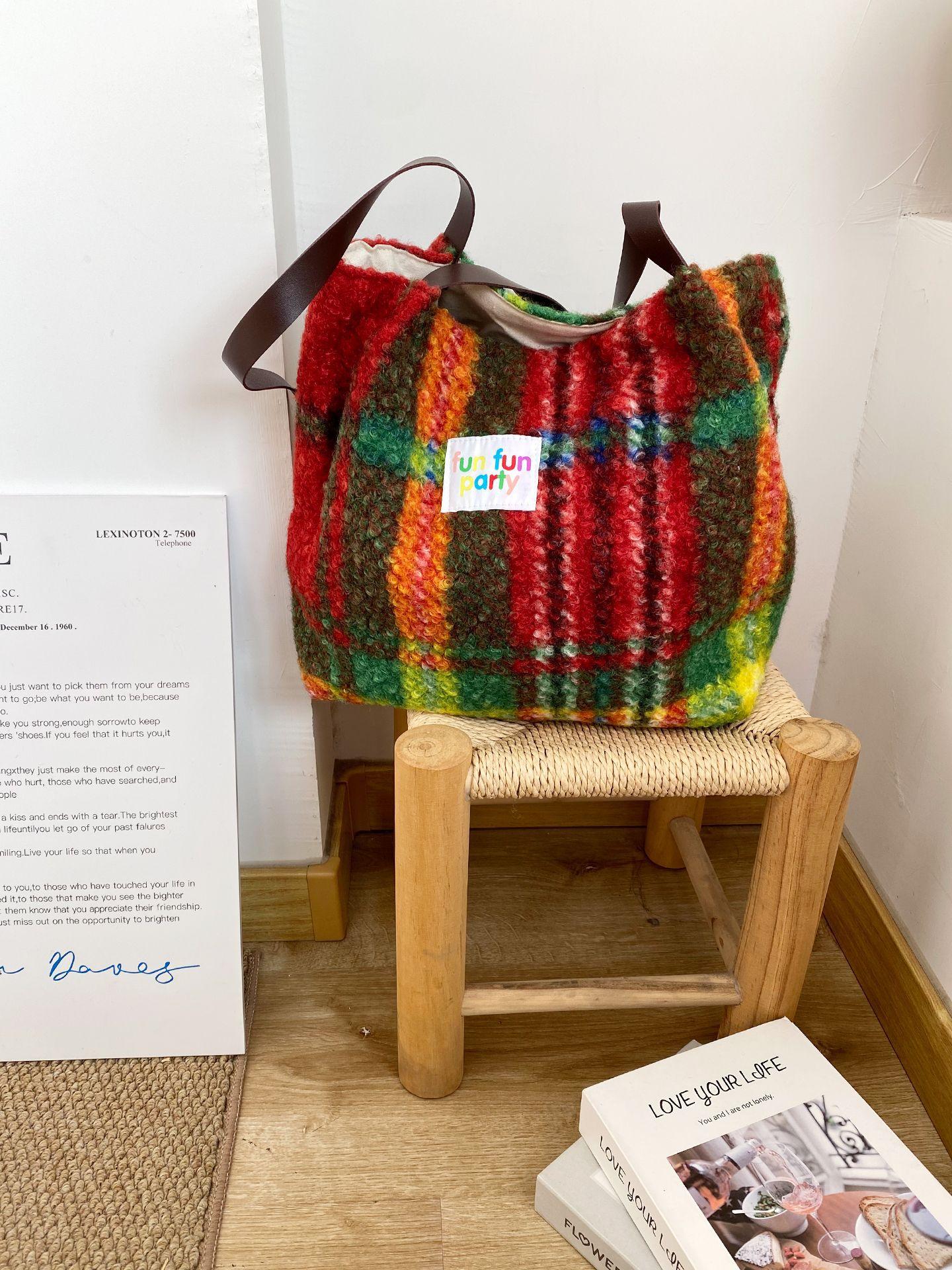 

Vintage Plaid Faux Lamb Wool Women s Shoulder Bag Fall Winter Contrast Color Ladies Handbag Large Capacity Female Tote Bag