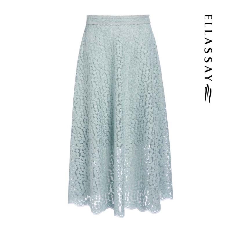 ELLASSAY Elegant Green Jacquard Embroidered A-Line Mid-Length Skirt