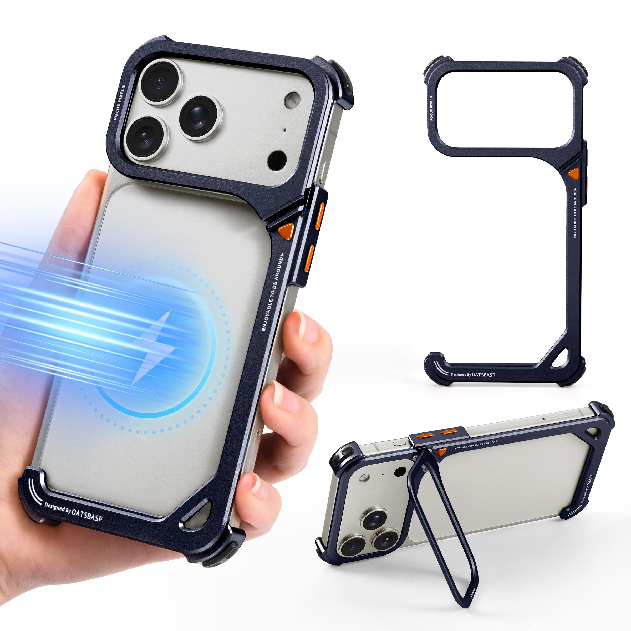 

Oatsbasf Metal Frameless 9 Design Phone Case for iPhone 17 Pro Max /17 Pro Phone Cover with 90° Adjustable Hidden Camera Stand iPhone17 Pro синій
