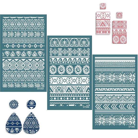 Silk Screen Stencil for Clay, Durable Boho Pattern Printing Kit DIY Craft Jewelry, Clay Silk Screen for Earrings Decoration, 3 PCS Each 5.9" X 3.5"