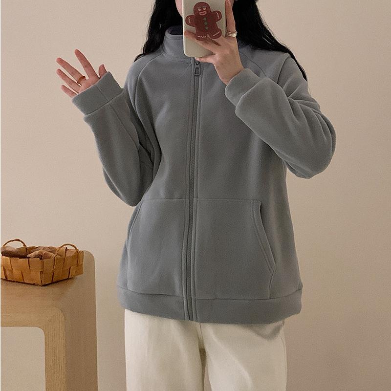 Herbst und Winter Verdickte Samt Thermojacke Damen Reißverschluss Strickjacke Polar Fleece Stehkragenschutz Koreanische Version Lässiges Oberteil