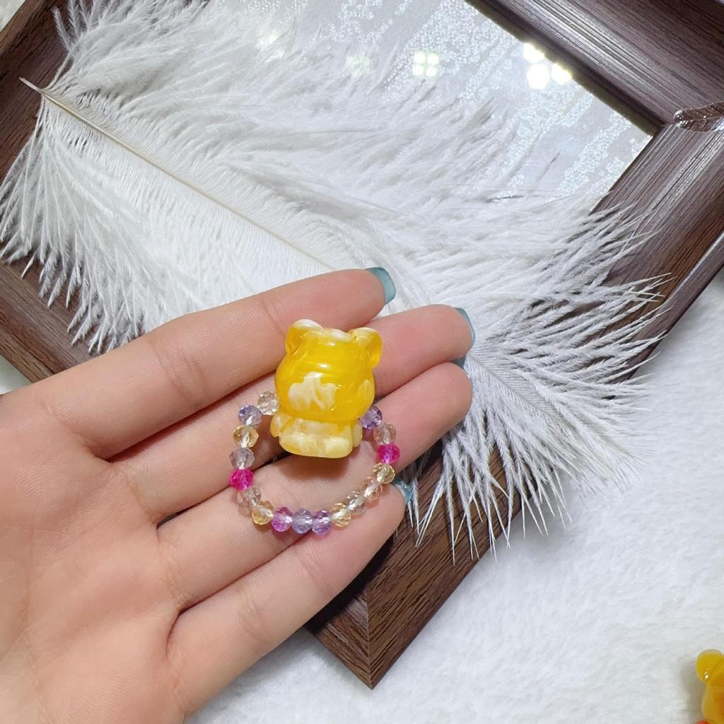 Second Gen Turquoise Amber Ring: Nine-Tailed Fox & Little Bear Wealth-Attracting Trendy Fashion Jewelry