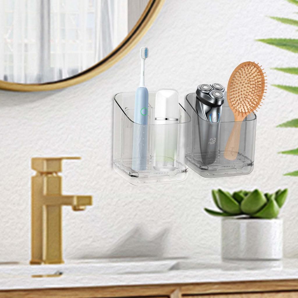 Toothbrush Holder With Tray, Wall Mounted, Non Perforated Bathroom Storage Rack, Toothpaste Storage