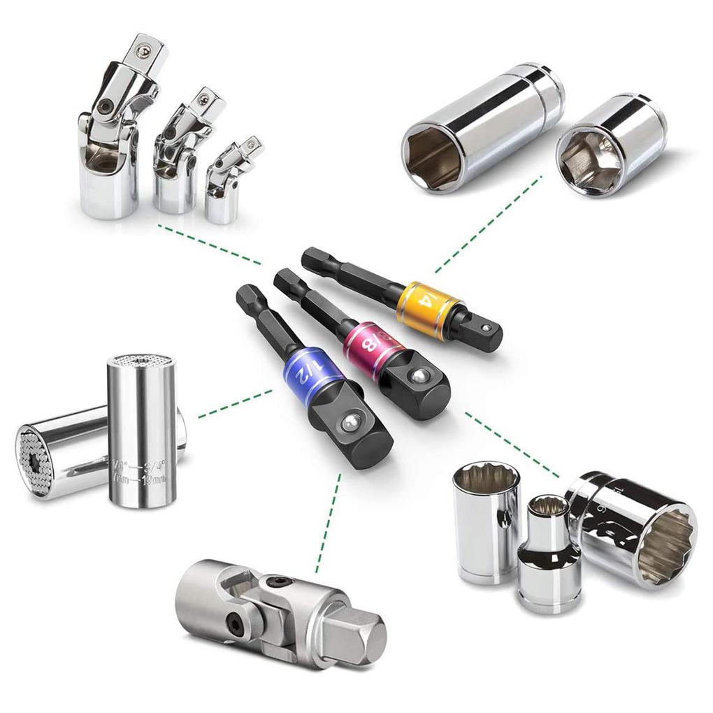 Hexagon To Square Drill Socket Adapters Kit Impact Driver Pneumatic Screwdriver Manual Spanner Extension Bar Set Hand Tool