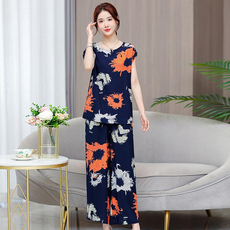 Plus Size Summer Pants Sets for Women  Elegant Loose Vintage Print 2 Piece Outifts