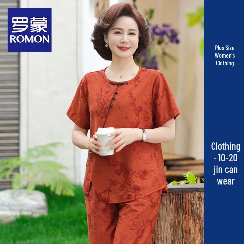 ROMON Women s Chinese Style Summer Short-Sleeved Two-Piece Set 7XL