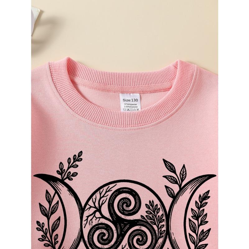 European Sizes Girls' Long-Sleeve Round Neck Sweatshirt "Celtic Tree Moon" Print, Spring/Autumn, Casual, Daily & Sports.