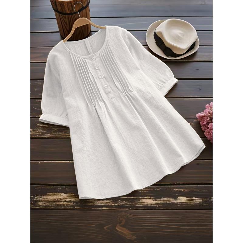 JPNTKY Women's Fashion Casual Solid Color Print Short Sleeve O-Neck Blouses & Shirts