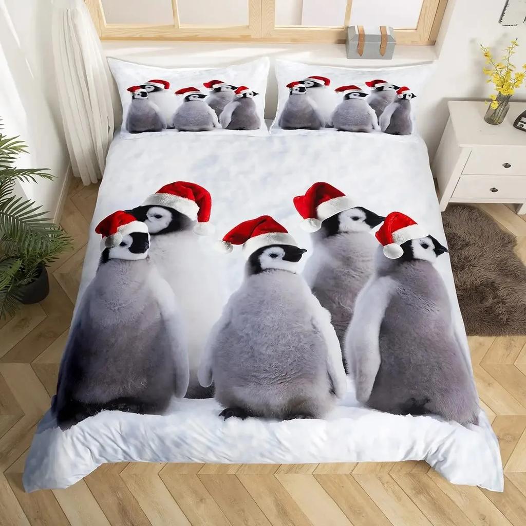 Penguin Duvet Cover Set Full Cute Animals Bedding Set Snow Decor Comforter Cover Set Cute Penguin Animal Quilt Cover Queen Size