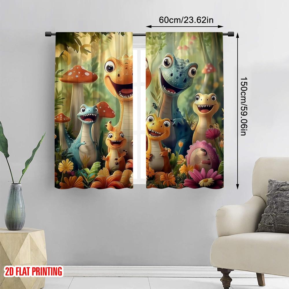 2pcs,2D Plane Printing Curtain Fabric Dinosaur Friends Versatile Polyester Fabric (without Rod) Gifts Use for Living Room,