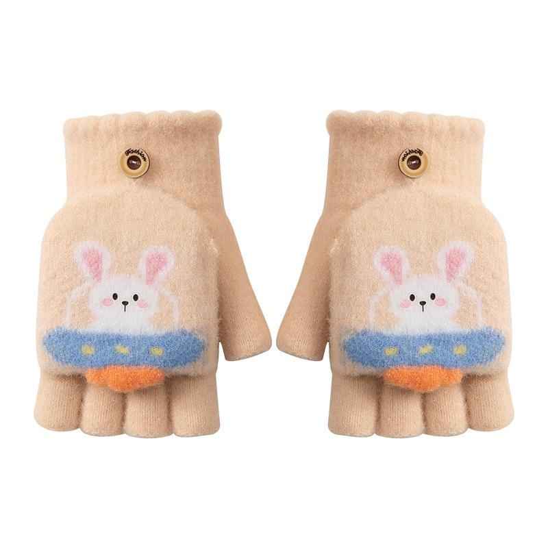 Gloves Girl Middle School Children Autumn and Winter Cartoon Cute Half Finger Flip Writing Knitted Wool Cold-proof Warm Children's Gloves