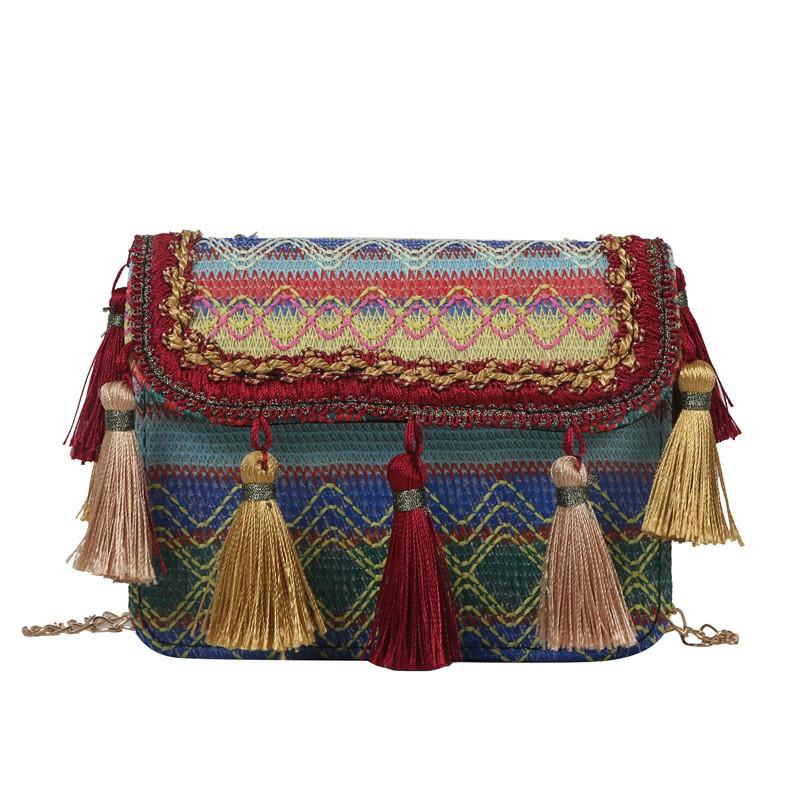 Ethnic Style Fringed Small Square Bag With Chain Strap For Daily Casual Wear