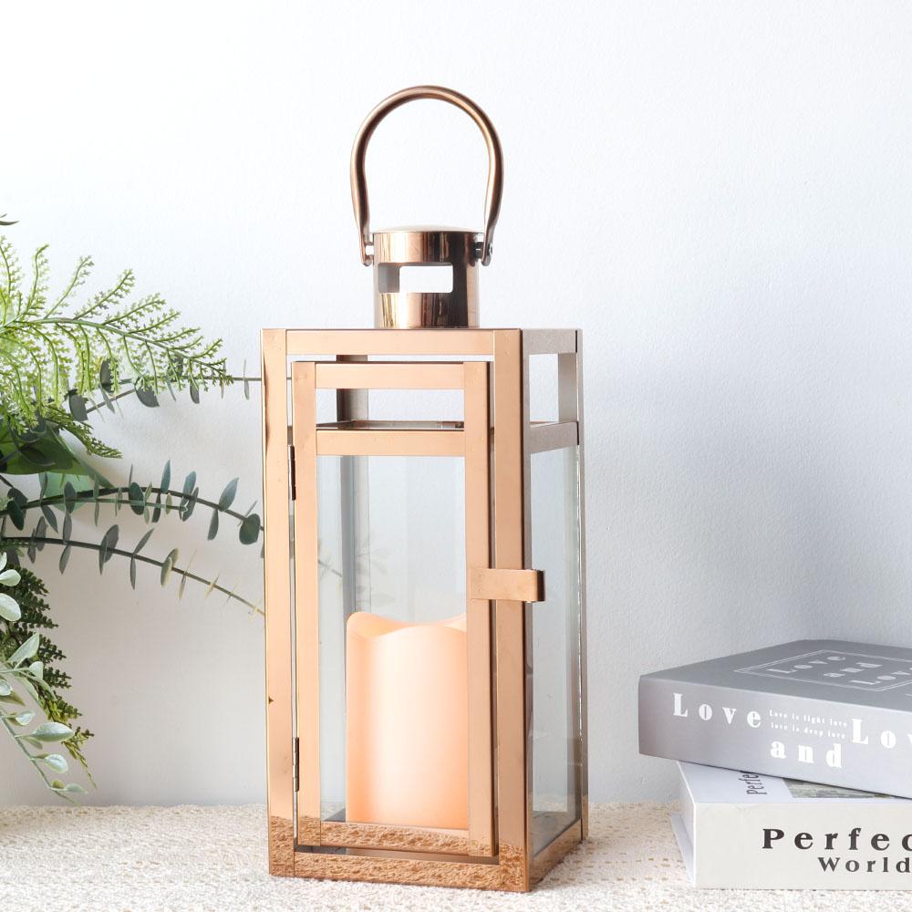 Stainless Steel Candle Holder Lanterns Rose Gold Hanging Lantern Candlestick Light for Indoor Outdoor Weddings Party Home Decor