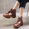 Fashion Vintage PU Leather Sandals Mid Heel Summer Fish Mouth Ladies Shoes Summer Shoes Casual Mother Sandals