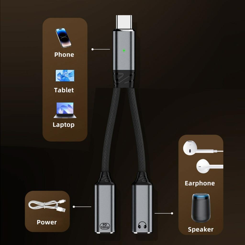 UC-030-TC001 USB-C Male to Dual Female Audio DAC AUX/100W PD Power Cable for Laptop/Tablet/Phone