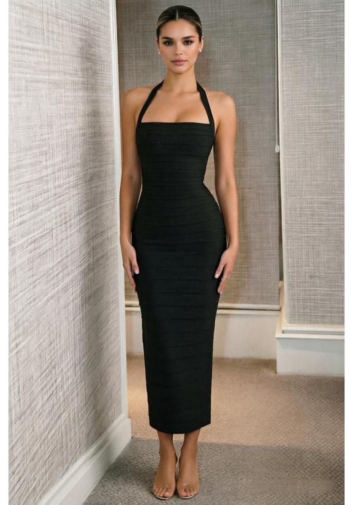 Yizhi Lian Halter Ribbed Bandage Midi Dress