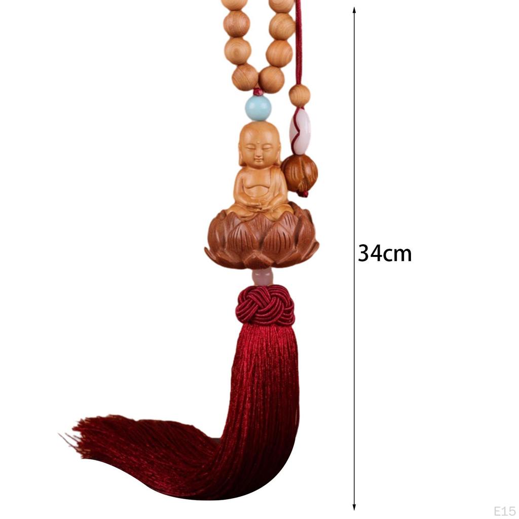 Lotus Beaded Car Pendant Rear View Mirror Statue, Wooden Sculpture Hanging Decoration