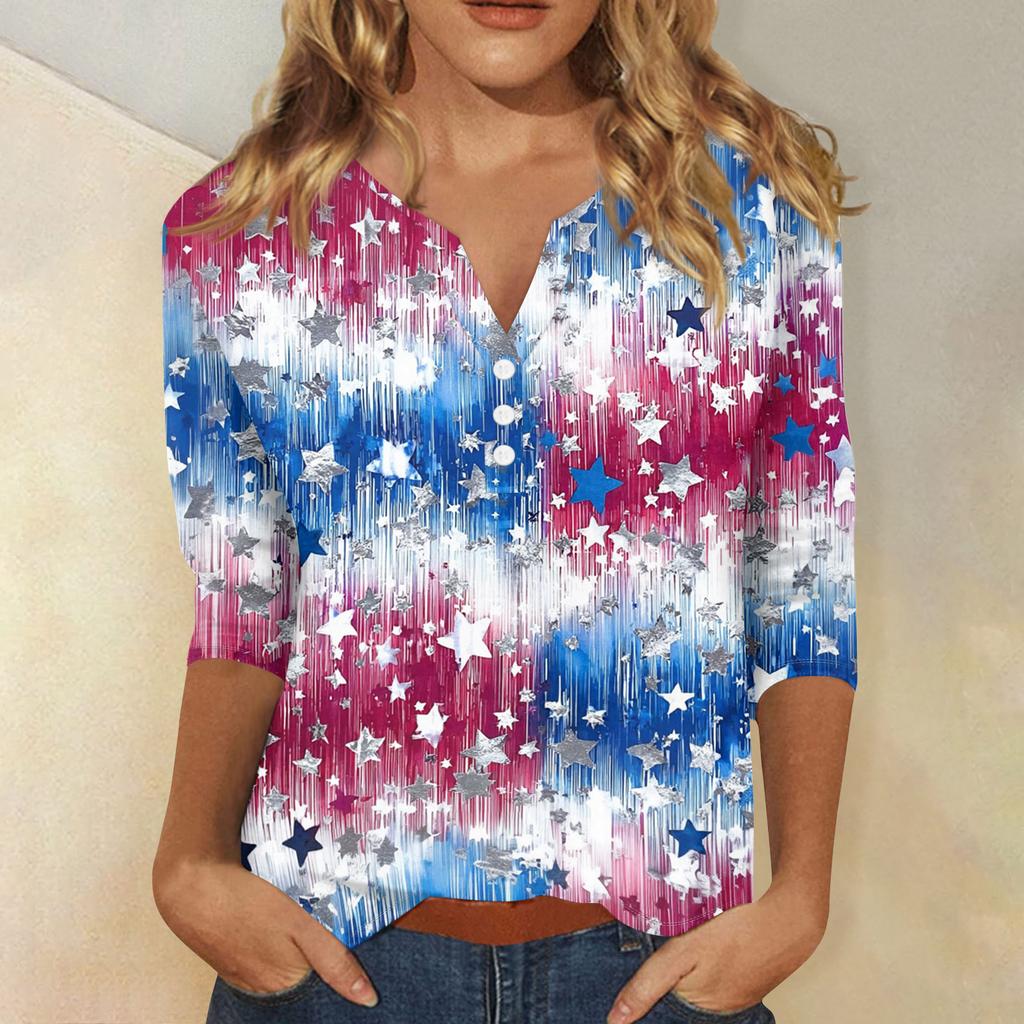 Women's T Shirt Independence Day Print Button 3/4 Sleeve Daily Weekend Fashion Basic V- Neck Regular Top
