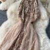 Sexy Sequin Patchwork Mesh Halter Dress Chic Elegant Evening Party Luxury Robe Women High Waist Slim Ceremonial  Dress