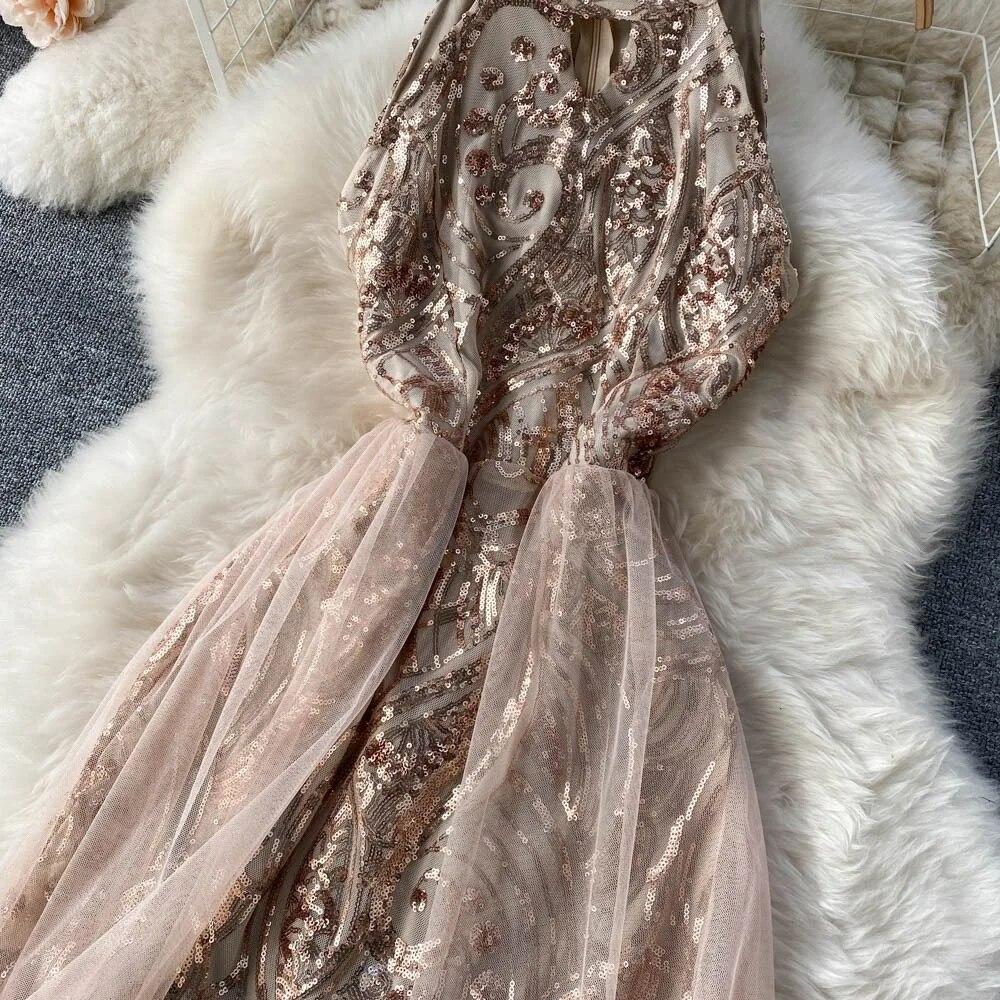 Sexy Sequin Patchwork Mesh Halter Dress Chic Elegant Evening Party Luxury Robe Women High Waist Slim Ceremonial  Dress