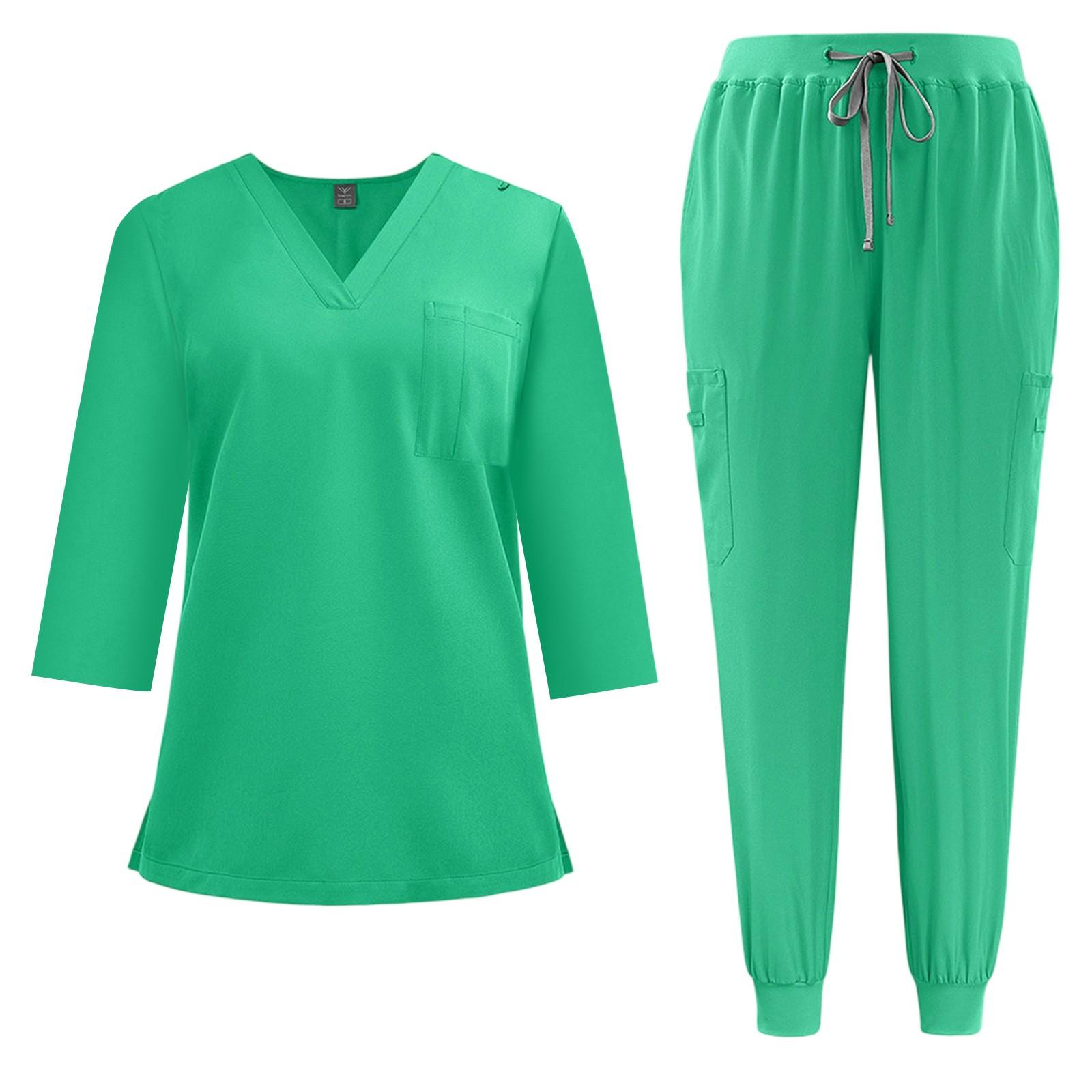 

Женский комплект из быстросохнущей ткани однотонный с V-образным вырезом, карманом и рукавом три четверти, брюки, рабочая одежда XL зелёный