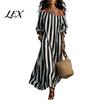 Lightweight Polyester Dress Summer Women Striped Long Dress, Off Shoulder Sleeve Casual with Side Pocket Ankle Length Loose Swing Beach