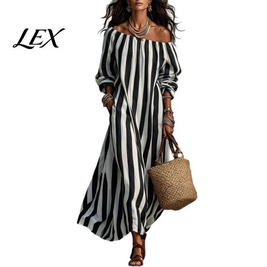 Lightweight Polyester Dress Summer Women Striped Long Dress, Off Shoulder Sleeve Casual with Side Pocket Ankle Length Loose Swing Beach