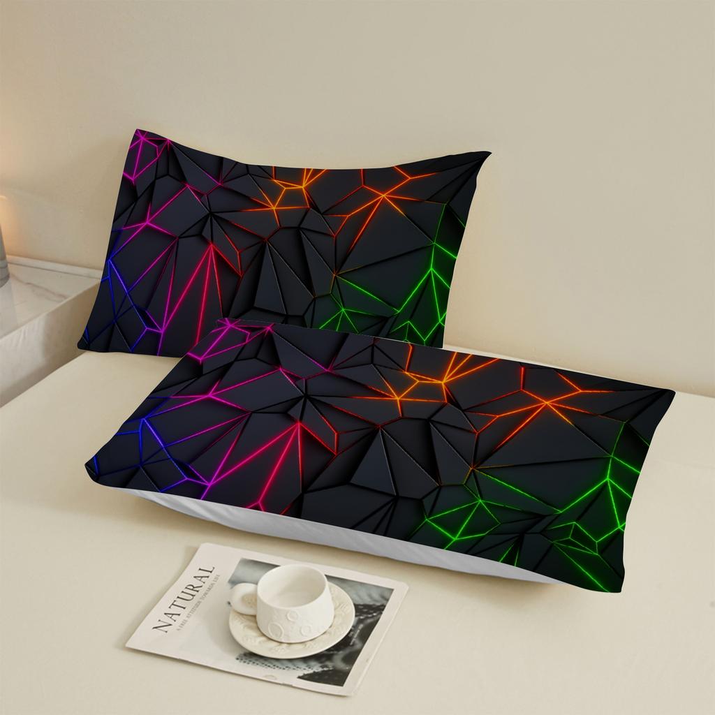 3PCS Multi-color Fitted Sheet Gemoetric Fragment Printed Flat Sheet Set With Pillowcases No Filling Cool Vivid Visual Style