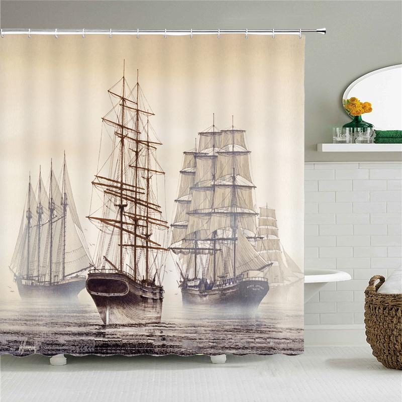 Old Pirate Ship Sea Shower Curtains 3d Printing Bath Curtain With 12 Hooks Bathroom Waterproof Polyester Cloth Bath Screen