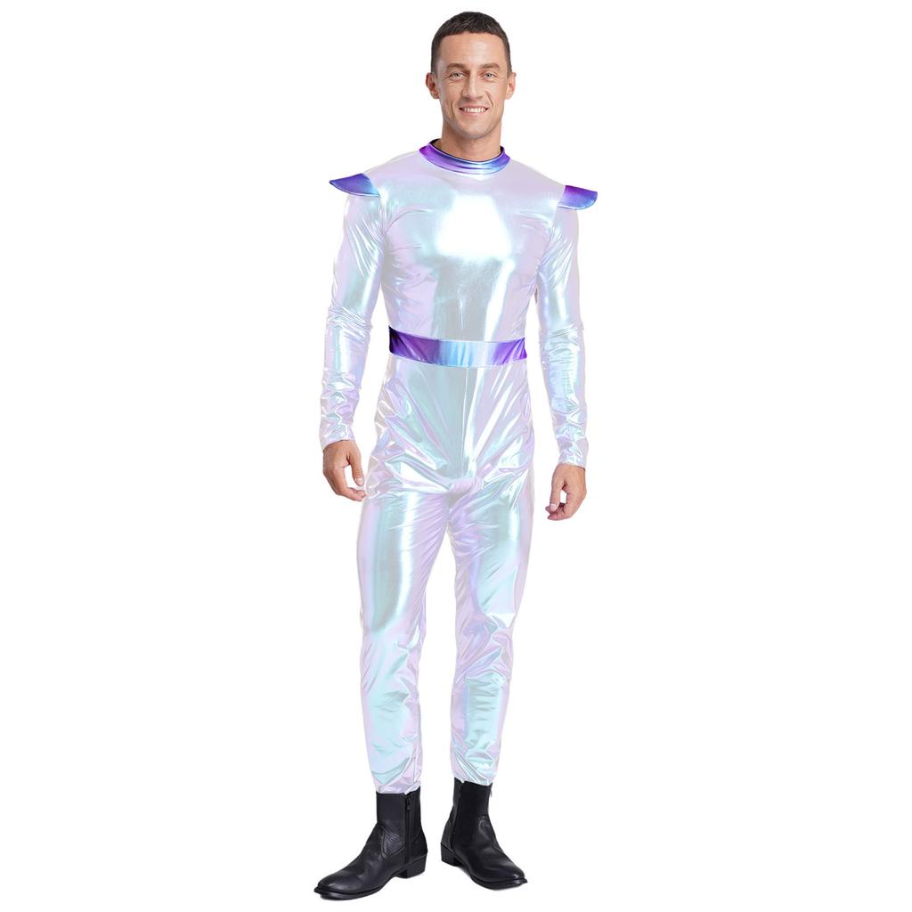 One-Piece Outer Space Costume for Men M-3XL: Easy Wear Long Sleeve Jumpsuit, Combines Cute & Robotic Styles for Photos