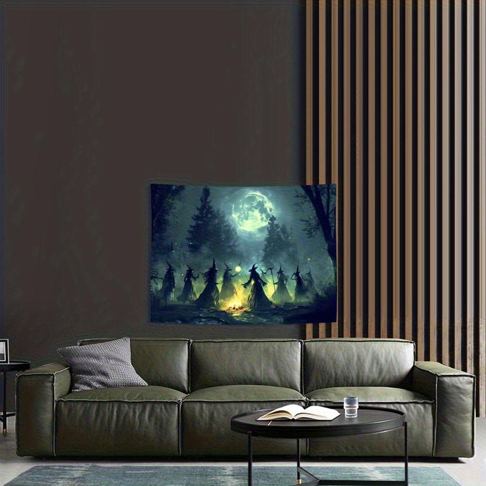 Tapestry Gothic Halloween Wall Tapestry - Dark Ceremony with Witches, Full Moon & Horned Figures, Polyester Fabric