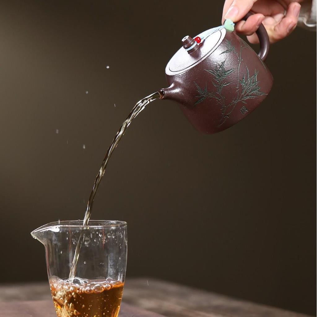 Handmade Yixing Zisha Teapot - Purple Jade Gold Sand Bamboo Shadow, Single Person Tea Set