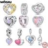 WOSTU Vrai Argent 925 Breloques Cœur Rose Clips Perle Espacement Pendentif Opale Convient Bracelet Bijoux Fabrication DIY Cadeau Saint-Valentin Pour Amoureux