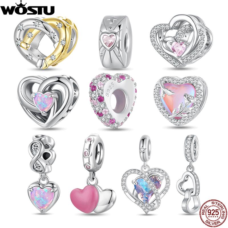 WOSTU Real 925 Silver Pink Heart Charms Clips Spacer Bead Opal Pendant Fit Bracelet Jewelry Make DIY Valentine Gift For Lover