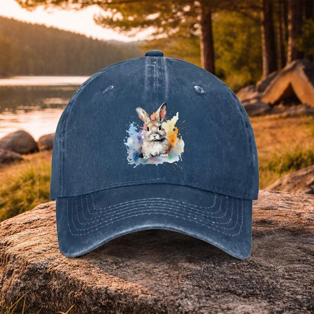 Watercolor Rabbit Print Washed Baseball Cap Adjustable Cotton Unisex Outdoor Headwear