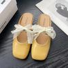 Lace bow half slippers women's spring and summer new outer wear silver thick heel soft leather shoes bag head slippers