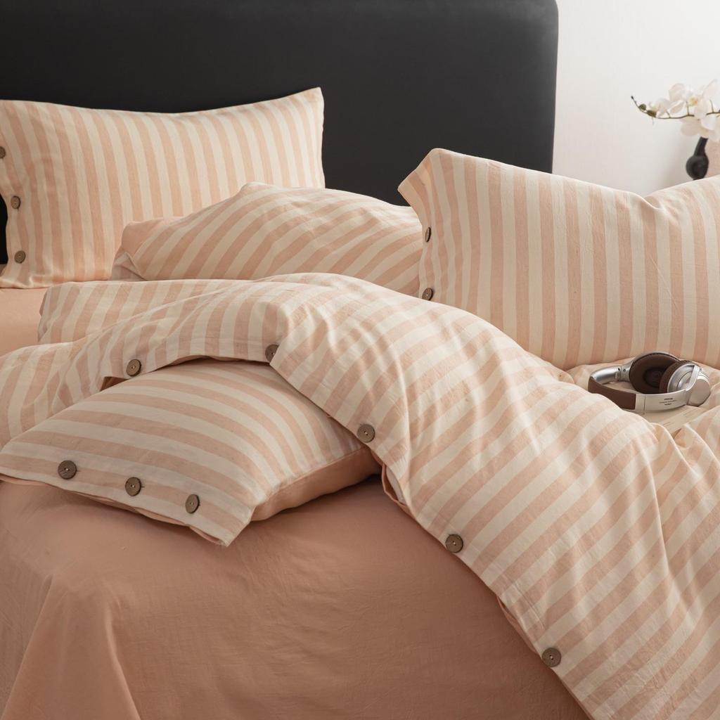 Spring/Summer Premium Cotton and Linen Four-piece Set with Buttoned Duvet Cover in Simple Stripes/Checks