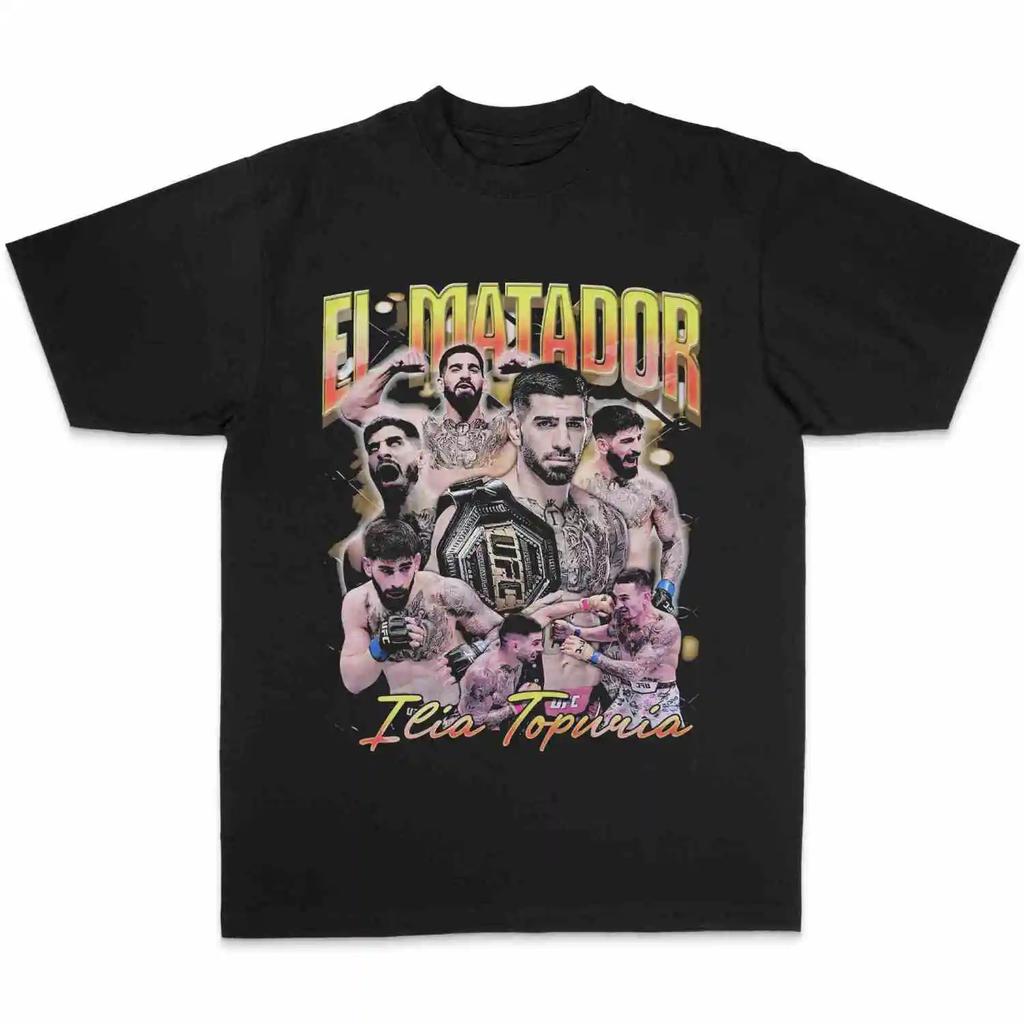 2025 Nuova Maglietta Stampata UFC Ilia Topuria MMA Cotone Manica Corta Abbigliamento da Combattimento Merch per Sport da Combattimento Uomo Tee