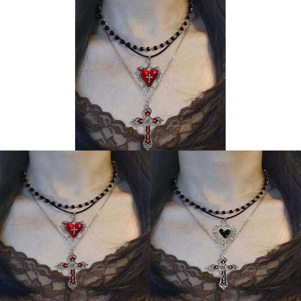 Gothic Vintage Heart Pearl Cross Pendant Necklace With Alloy Chain For Women