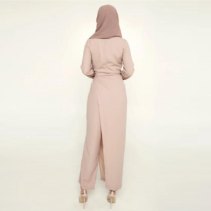Muslimische Damenmode für Frische Einfarbige Overalls Kleider Abaya Dubai Türkei Islam Schnürung Hoher Bund Kleidung Langarm
