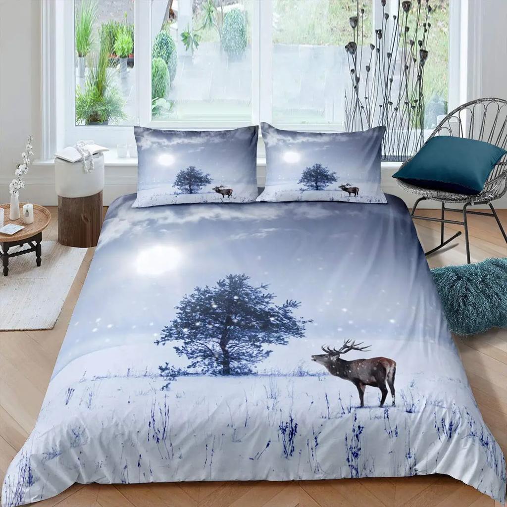 Christmas Tree Duvet Cover Set Blue Xmas Comforter Cover Girly Glitter Elk Bedding Sets Winter Snowflakes Duvet Cover Full Size