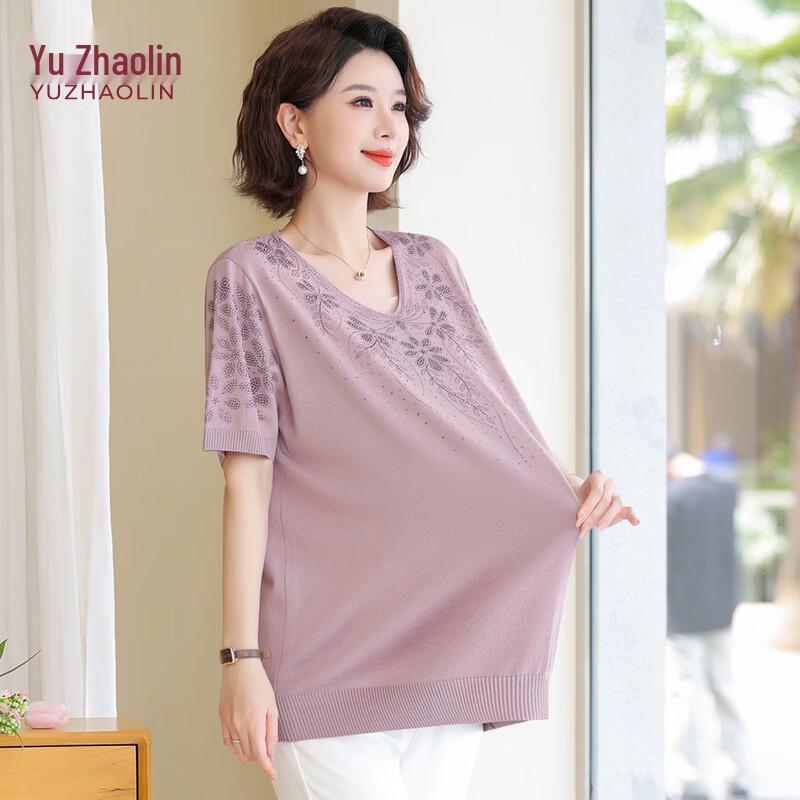 YUZHAOLIN Summer Plus Size V-Neck Short Sleeve Top for Middle-Aged Women 4XL
