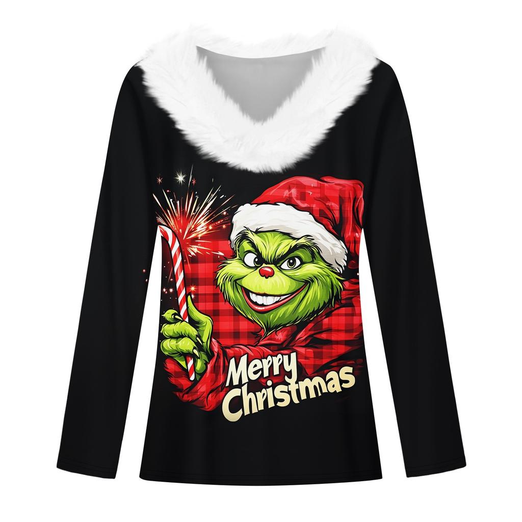Damen Weihnachtsbedrucktes Langarmshirt V-Ausschnitt Lässig Locker Geschnitten T-Shirt Oberteile