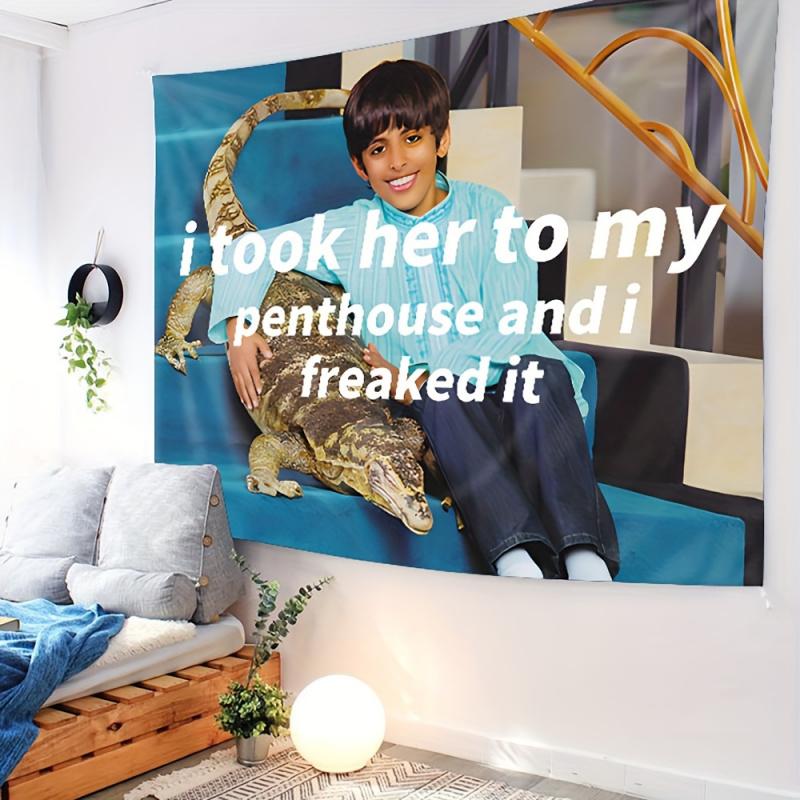 VIKAMA Bedroom Living Room Tapestry with i took her to my penthouse and i freaked it Funny Meme and Hilarious Lizard Boy