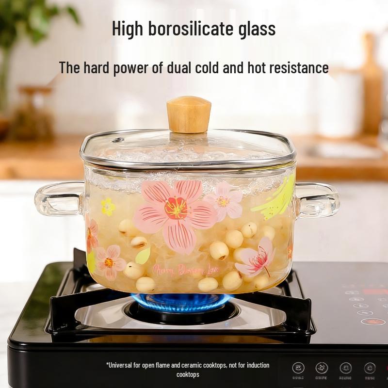 Retro Floral High-Temperature Resistant Borosilicate Glass Stew Pot with Lid, Double Ears, Explosion-Proof Design