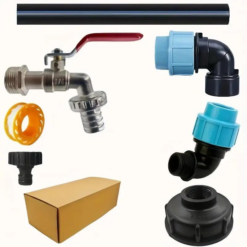 11-Piece Universal IBC Barrel Bracket Adapter Kit - Zinc Alloy Faucet Connector with PE Pipe Fittings, 3-Way Connector