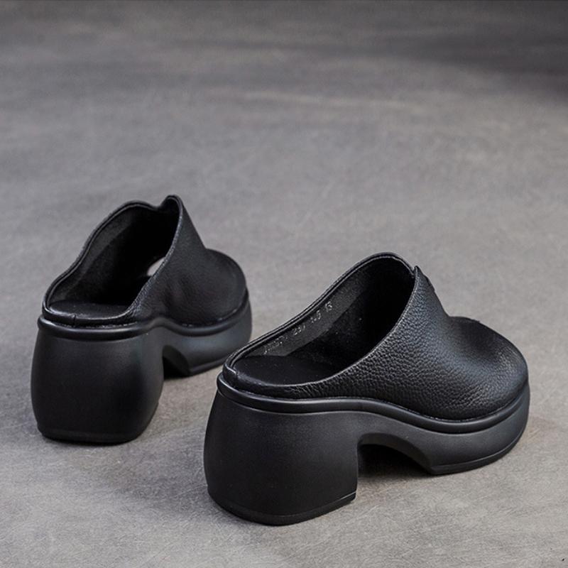 Johnature Pantoufles à bout ouvert et semelle épaisse en cuir véritable, sandales rétro, chaussures confortables et décontractées pour femmes