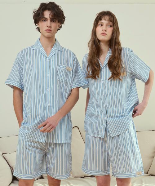 [Pink Zone] Unisex Blaine Stripe Blue Short-Sleeve Collar Pajama Set [Shipped from Korea] 100% Authentic