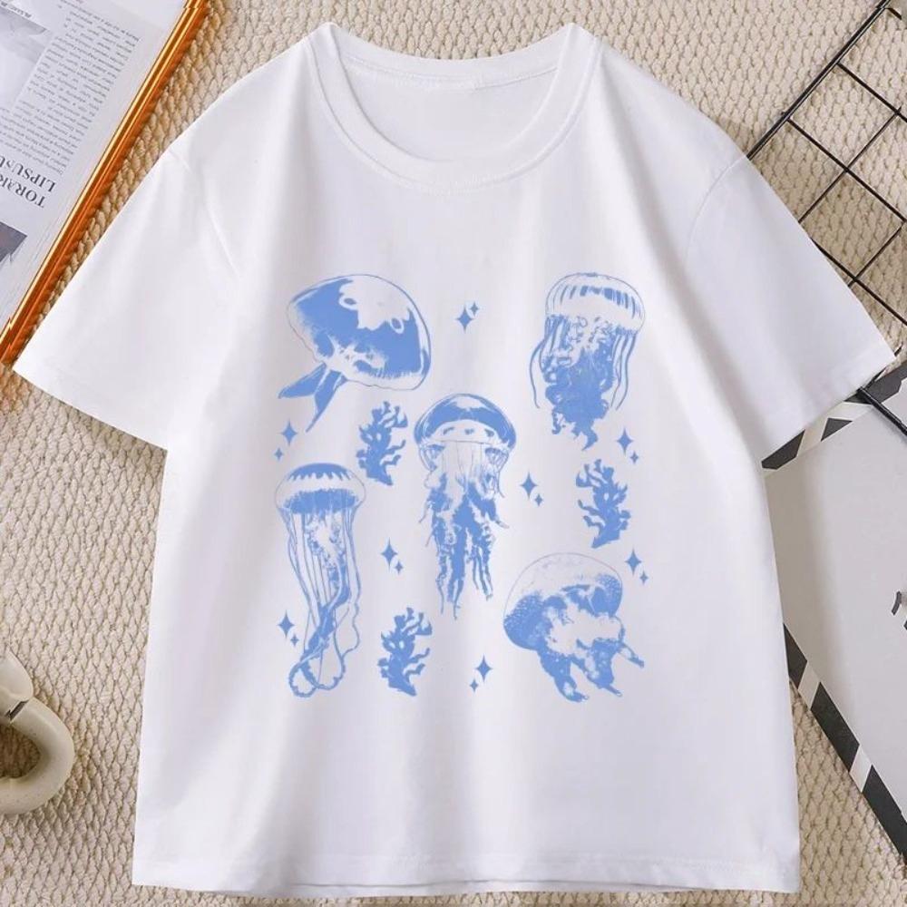 Vintage Jellyfish Tshirt Summer Ocean Tee Sea Creature Top Beach Lover Gift Unisex Wounisex Casual Round Neck Printed T Shirt